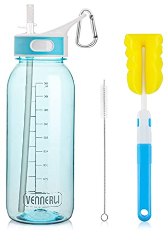 VENNERLI Sports Water Bottle with Straw 1Litre Leakproof Durable Tritan BPA Free Gym Flip Sipper Bottle Dustproof with Marking Dustproof Leakproof