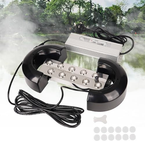 MOGOULUA 10 Head Fogger Maker 7L/H Pond Ultrasonic Fogger with IP67 Waterproof Power Supply A pair of Buoys Heavy Mist Maker Garden Mist Air Humidifier for Halloween Christmas Wedding Party