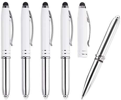 PATIKIL 5 Pack 3 in 1 Metal Pen, White, Touch Screen Stylus, LED Flashlight, Black Ink, 1.0mm Medium Point