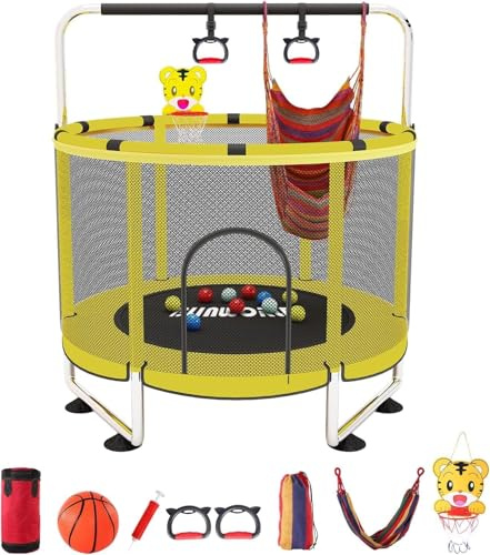 Trampolín Ajustable para bebé con aro de Baloncesto, 440 Libras para Interiores y Exteriores, para niños y niños pequeños con recinto (Amarillo)