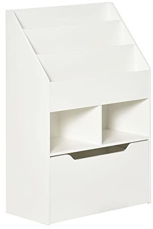 HOMCOM Kids Bookshelf with Storage Drawer, Childrens Bookcase with Wheels, Toy Organiser for Bedroom, Playroom - White