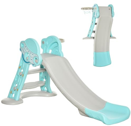 HOMCOM Scivolo per Bambini da 18 Mesi Pieghevole con 3 Scalini e Canestro Basket, Scivolo da Interno ed Esterno, 140x87x75cm, Blu e Grigio
