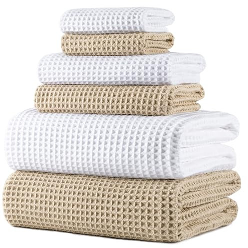 Polyte - Handtuch-Set - schnelltrocknende & fusselfreie Mikrofaser - Waffelstruktur - sehr groß - Weiß,Beige - 152 x 76,2 cm - 6-teilig