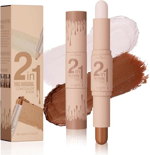 Contour Stick, Body Face Highlighter Stick and Shading Sticks, Double-End Contour Concealer Highlighter Stick, Long-Lasting Waterproof Creamy Contour & Highlight Makeup (Light Beige & Light Brown)