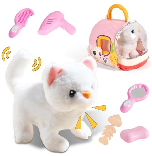 Fouvin KatzenSpielzeug Kinder, Läuft und Bellt, Kuscheltier Elektrischer Hundekäfig ab 2-5 Jahre Geschenkideen