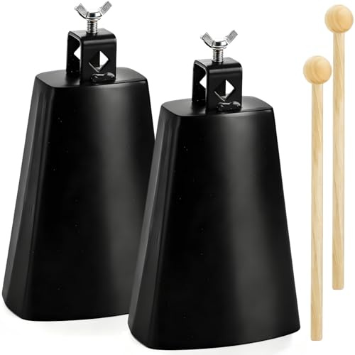Acshio 2 Pack Metal Steel Cow Bells, 7 Inch Cowbell Noise Makers with Handle Stick, Hand Percussion Music Cowbell for Drumset Cheering Wedding Football Sport Games