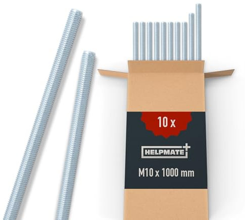 HELPMATE Tige filetée M10 x 1000 mm en acier galvanisé - Lot de 10 tiges filetées métriques entièrement filetées - Vis sans tête classe de résistance 4.8, DIN 976