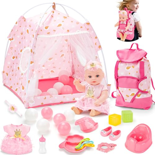 deAO Set de Muñeca Bebé de 30 cm con Ropa y Accesorios: Portabebés, Bolsa de Almacenamiento, Pelotas, Juguetes de Tienda de Campaña, Juego de Simulación. Regalo de Cumpleaños para Niñas de 3 Años