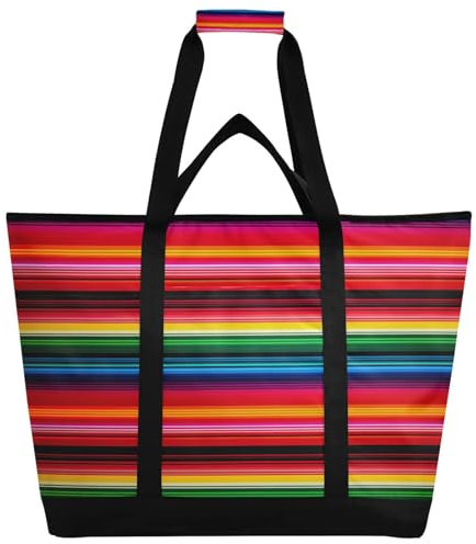 JUMBEAR Große Kühltasche im mexikanischen Stil, bunte Streifen, isolierte Lebensmittel-Liefertasche, faltbare Lunchtasche, auslaufsichere Kühltasche, Tragetasche für Strand, Camping, Picknick, Reisen