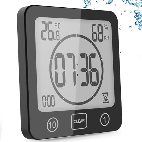 YiChZhe Badezimmer Wecker Badewannentimer‌,Wasserfest Digitale Badezimmeruhr, Baduhr Duschtimer mit Hygrometer und Thermometer,LCD-Display,Countdown Timer,für Dusche, Küche,Familienalltag-Schwarz