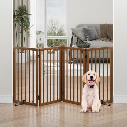 Tall Dog Gates for Doorways, Foldable Dog Gate Indoor, Freestanding Pet Gates for Doorways Bedroom, Puppy Gate with Metal Support Feet, Room Divider,4 Panels (walnut)