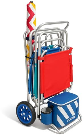 TIENDA EURASIA – Carro Playa | Plegable | con 2 Ruedas Giratorias | Estructura de Aluminio | Plateado y Azul | Convertible en Mesa y Portasillas | 50x48x105 cm | Incluye Neceser y Rejilla