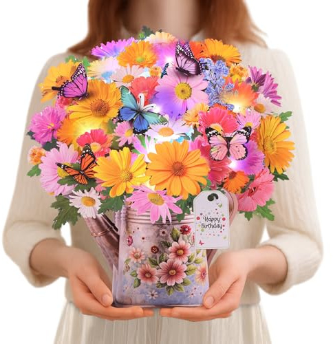 Tarjeta de cumpleaños pop up con música y luces – ramo de flores de papel 3D con mariposas (manzanilla) – Tarjeta de felicitación para el día de la madre para mujeres, mamá, esposa e hija – Regalo con