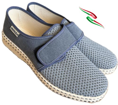 Emanuela Chaussures d'été TAORMINA tout en toile en nid d'abeille devant avec déchirure plante confortable Made in Italy, Bleu Jeans, 45 EU