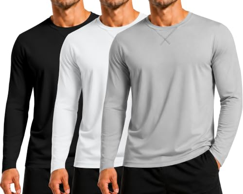 Herr 1 eller 3-pack bomullströjor, långärmad rund hals avslappnade t-shirts, klassisk normal passform tröja träning löpning gym toppar, X-3pack: Svart/Vit/Grå, XXL