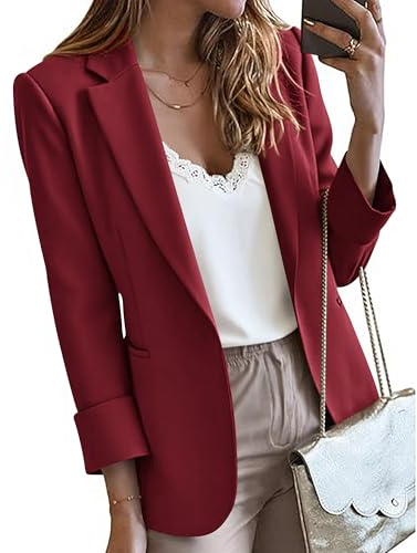 KIRUNDO Blazers for Women Business Casual Long Sleeve Open Front Lapel Suit Jackets Office Work Blazer Pockets Fall Clothes(Burgundy, Medium)