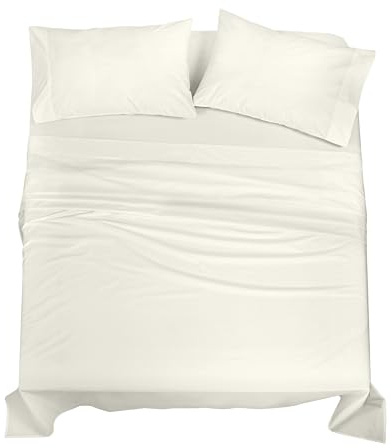 ROYALE LINENS 100% Organic Cotton Queen Sheet Set - Percale Weave - 4 Pieces Set - 1 Flat, 1 Deep Pocket Fitted Sheet and 2 Pillowcases - Ivory Bed Sheets - Sábanas Queen - Crisp Cool (Ivory)