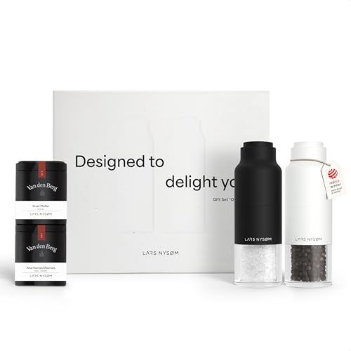 LARS NYSØM Salt and Pepper Grinder Gift Set - Bottle Design Mills with 2 Premium Spice Tins - Elegant Kitchen Gift Box for Food Lovers (Black/White)