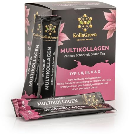 KollaGreen® Multikollagen Pulver – 5-fach Kollagen Typ I, II, III, V & X – Hochdosiert (250 g / 25 Portionen) – Für Haut, Haare, Nägel, Gelenke & Darm – Ohne Zusätze – Made in EU