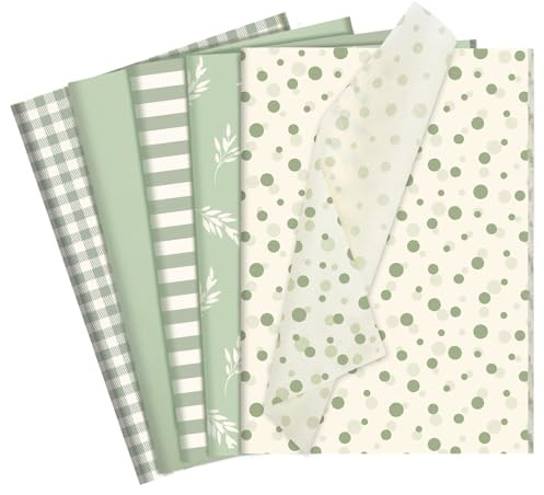 woric 60 Sheets Sage Green Tissue Paper for Wrapping Gifts | 14*20in Gift Wrapping Tissue, Sage Green/Botanical/Stripe/Dot/Grid 5 Design for Wedding Baby Shower Birthday Party DIY