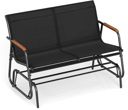 COSTWAY Panca a Dondolo da Esterno, Panchina a 2/3 Posti da Giardino con Movimento Oscillante, Braccioli Curvi in Legno, Sedia a Dondolo per Veranda, Giardino, Portata 300KG/450KG (Nero, 2 Posti)