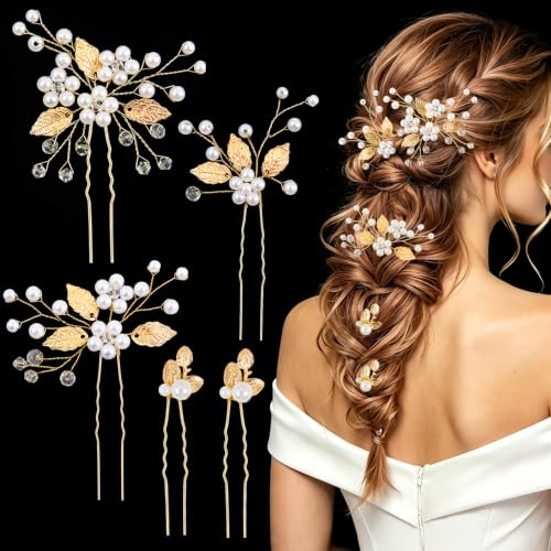 Kiiwah 5 Horquillas Pelo Perlas Flores Oro, Accesorios Pelo Novia Cristal Boda