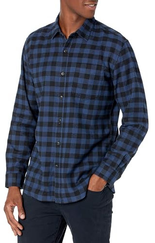 Amazon Essentials Herren Langarmhemd aus Flanell (in Übergröße erhältlich), Blau Schwarz Buffalokaros, XL