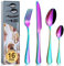 Cutlery Set, BEWOS 16-Piece Stainless Steel Flatware Set, Tableware Silverware Set with Rainbow Spoon Knife and Fork Set, Service for 4, Dishwasher Safe/Easy Clean, Mirror Polished