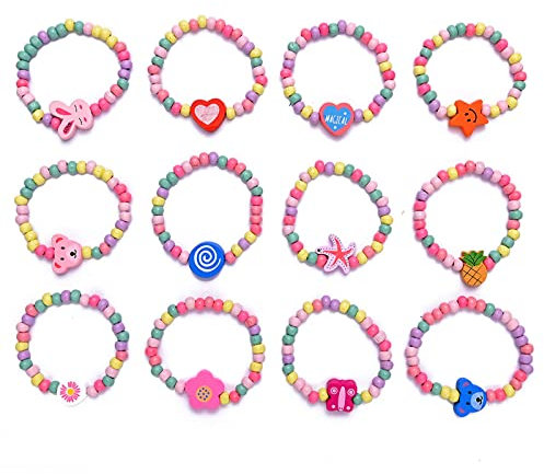 YUTOU 12 Stück Bunter Holz Armband Freundschaftsarmband Mädchen Armbänder Perlenarmband Charm Armband Kinderschmuck Bunt Tier Blume Armbänder Kinder Holz Armband Set für Kleine Mädchen