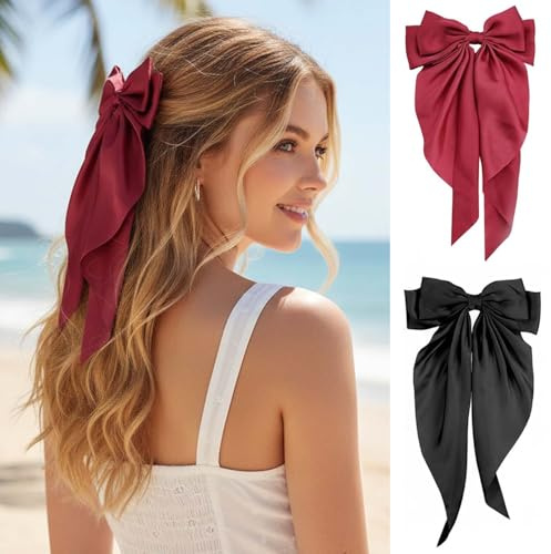 Bow Hair Clip, Hair Bows with Long Ribbon for Women Girls(Black+Red) | Good for wreath and Christmas, Lovely bow, Big Bowknot Hairpin French Hair Clips for Halloween