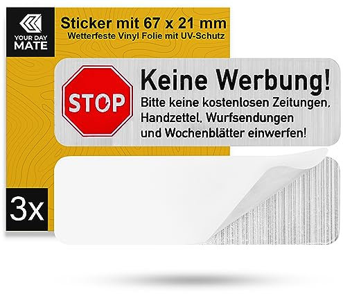 Autocollant pour boîte aux lettres Pas de publicité, 3 pcs, 67 x 21 mm, film autocollant aspect inox, plaque pour boîte aux lettres pour l'intérieur et l'extérieur, autocollant Pas de publicité