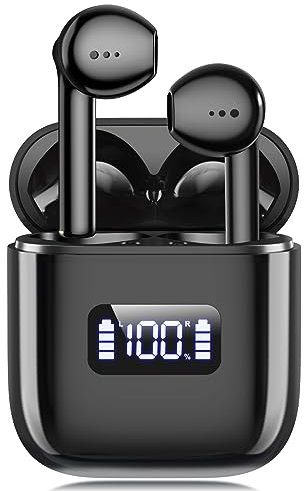 Gxorul Écouteurs Bluetooth Sport 5.3 avec microphone, commande par boutons, 30 heures d'autonomie avec étui de charge, affichage LED pour iOS Android (noir)