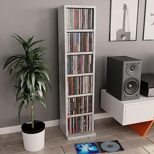 Prissent Mobile Porta CD Grigio Cemento 21x20x88 cm in Legno Multistrato Scaffale Libreria Stretta e Alta