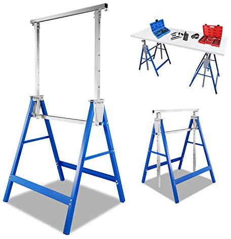 Herrselsam Juego de 2 caballetes plegables de 7 alturas, 80 – 130 cm, carga de 200 kg, estructura de metal, color azul