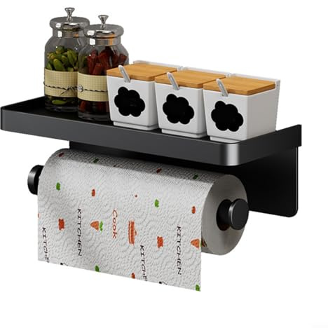 Kitchen Paper Towel Shelf, Wall Mounted Kitchen Paper Towel Holder with Shelf, Hanging Roll Paper Hanger Kitchen Bathroom Organizer(A)