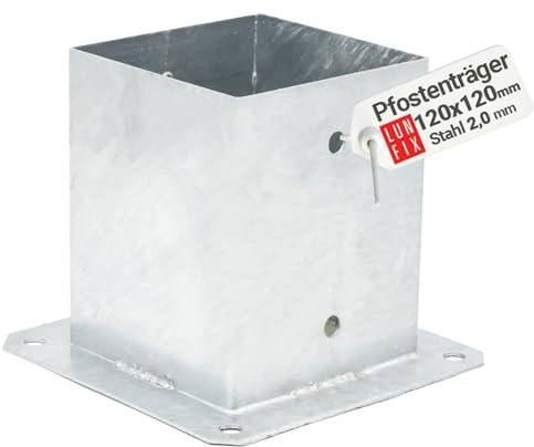 Pfostenbasis - Pfostenträger 120 x 120 x 2,0mm - Höhe 150mm - Pfostenanker - 1 Stück - Pfostenhalterung-Korrosionsbeständig - Vierkantholzpfosten - Feuerverzinkter Stahl - für Zaunpfosten