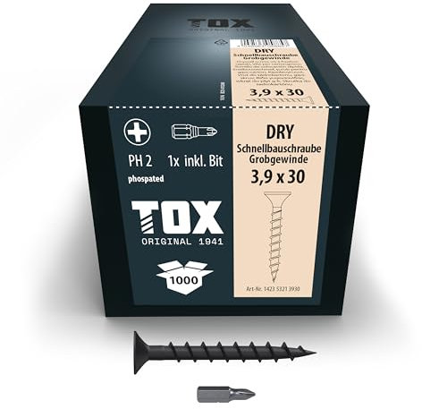TOX Schnellbauschrauben DRY GG 3,9 x 30 mm, Schrauben schwarz phosphatiert mit Trompetenkopf + Grobgewinde, Gipskartonplatte auf Holz-Unterkonstruktion, PH2, 1000 Stück, inkl. 1x Bit, 142353213930