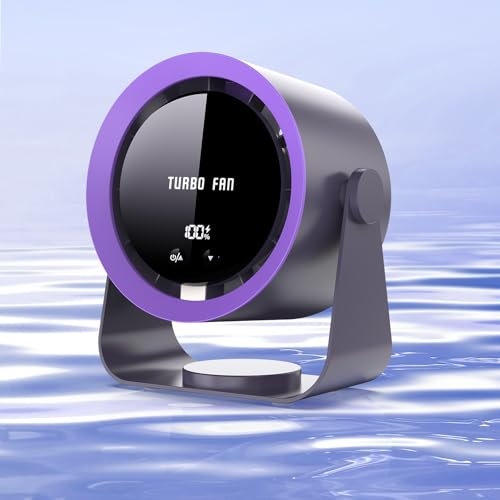 Wastou Ventilador de mesa USB recargable con pantalla digital, 5 velocidades ultra silenciosas ventilador escritorio, inclinable manual a 90°, colgable para dormitorio, cocina, camping, oficina