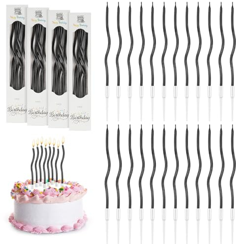 URAQT Metallico Candeline, 24 Pz Torta Compleanno Ondulate Sottile Candele con Supporti, Candele Compleanno Candeline Torta Decorazioni per Feste, Accessori per Feste(Nero)