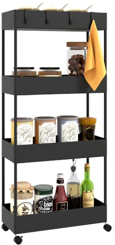 HOMCOM Carro de Cocina Delgado 4 Niveles con Ruedas 40x19x90 cm Negro | Carrito Auxiliar, 4 Cestas, 4 Ganchos Extraíbles, Carrito de Cocina, para Comedor Baño Salón