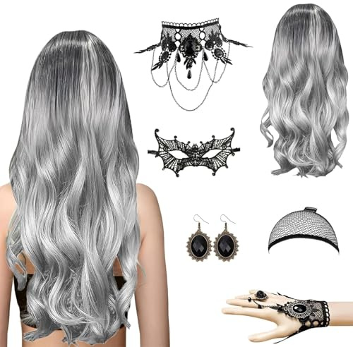 Carnaval Ensemble de Perruque Gothique Femme – Perruque Grise Longue Frisée avec Filet, Collier, Boucles d’Oreilles, Gants en Dentelle et Masque – Costume Carnaval, Cosplay et Soirée à Thème