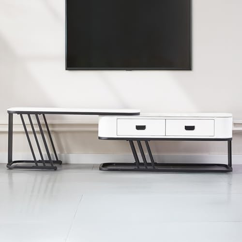 SHARPDO Mobile TV Basso e Lungo 180/140 cm, Design Moderno con Contenitore, Acciaio Nero e Pietra Sinterizzata Effetto Marmo, Stile Minimal per Soggiorno, Bianco