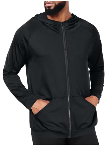 Mens Athletic Jacket Full Zip Hooded Sweatshirt Thin Slim Fit Workout Gym Jumpers Sports Lightweight Sweat Tops Essentials Hoodies for Hiking Athletic Running Black