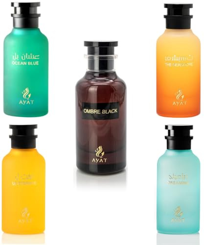 AYAT PERFUMES - Set med 5 parfymer – Eau de Parfum Ombre Black, Ocean Blue, L'Eternité, Dreaming & The Seashore – 5 x 100 ml – Unisex – Orientalisk parfym från Dubai – Långvarig