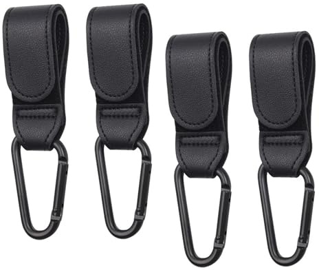 4 Pièces Crochet Poussettes, Attache Sac a Langer Poussette Multifonctions Universel, Crochet de Landau Accessoires de Effet Cuir pour Guidon Un Sac à Dos Accrocher les Sacs à Provisions Noirs