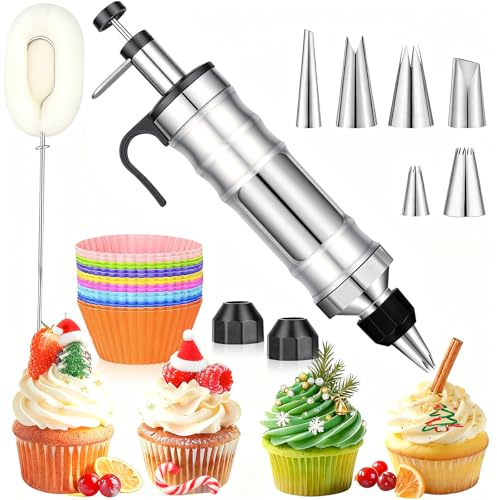 Dualshine Dessert Decorating Syringe Set, Frosting Piping Kit, Stainless Steels Icing Piping Kit, Cake Decorating Tools 6 Russian Piping Icing Nozzles Cupcake Piping Kit Christmas Baking Gifts