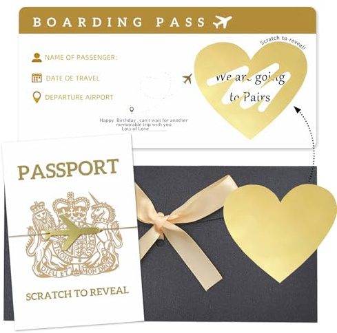 Personalised Holiday Scratch Card Reveal Kit – Surprise Boarding Pass Scratch Card, Passport Card & Gold Thread Envelope Set,Holiday Reveal Scratch Card Gift for Her, Him, Spouse, Family or Lover
