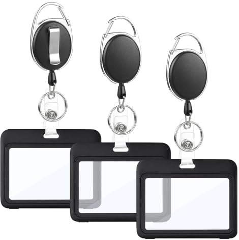 Hapric 3 Pack Badge Holders with Retractable Reels, Black, Horizontal | Hard Plastic Double-Sided Holders, Fits Standard Id Cards, 65 Cm Retractable Reels, For Office, School And Hospital Use