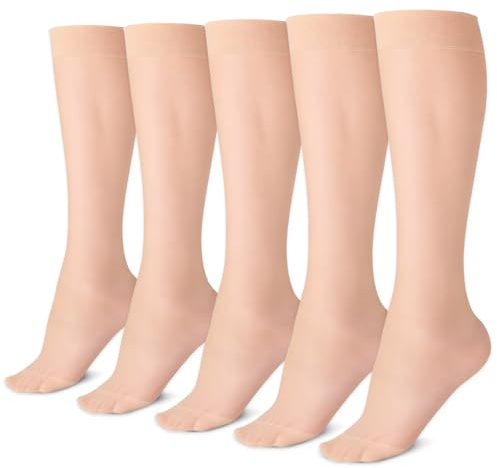 Dzpuhuojz 5 Paar Mi Bas Mujer, 30 Den Calcetín de compresión Mujer, Medias Nylon Calcetines Altos, Cómodo Transparente, Color de piel natural, Talla única