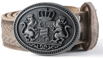 Schöneberger Trachten Couture Cintura da uomo in pelle ricamata con fibbia bavarese, cintura in pelle nabuk con aquila di pietra, marrone, 58-60